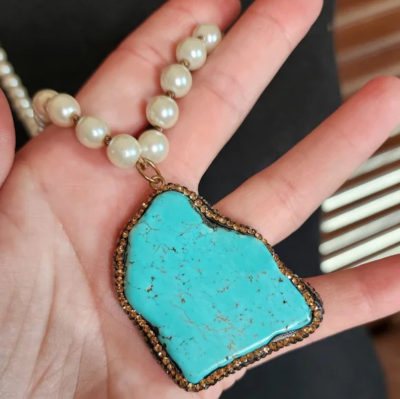 Cowgirl Tuff Blue and Cream Necklace with Turquoise Pendant - Picture 3 of 5